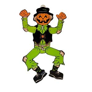 Vtg 2003 Take One Jointed Halloween Scarecrow Pumpkin Wall Hanging 22" Plastic